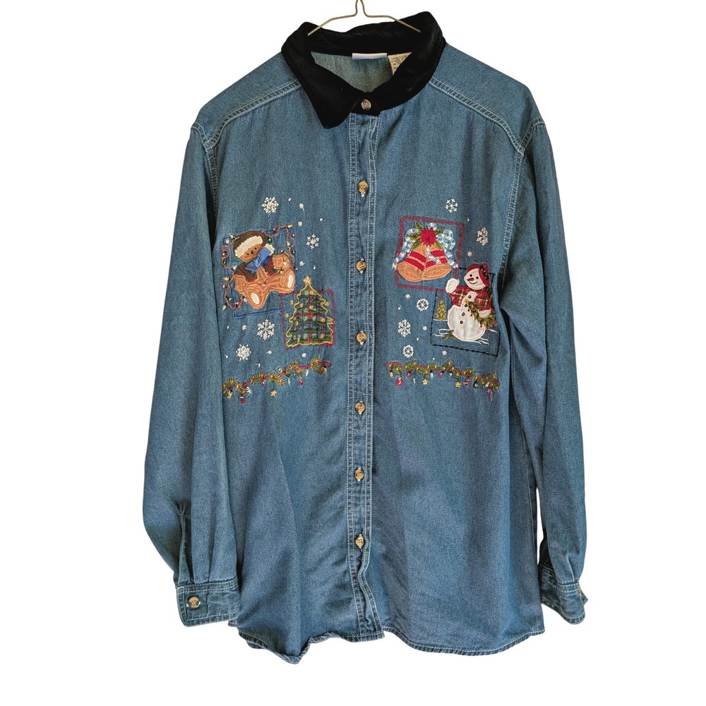 Bobbie Brooks Denim Shirt Women L Christmas Embroidered Holiday Velvet Collar